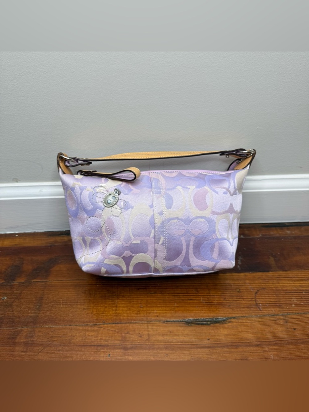 Coach Lavender Signature Jacquard Shoulder Bag with Tan Trim